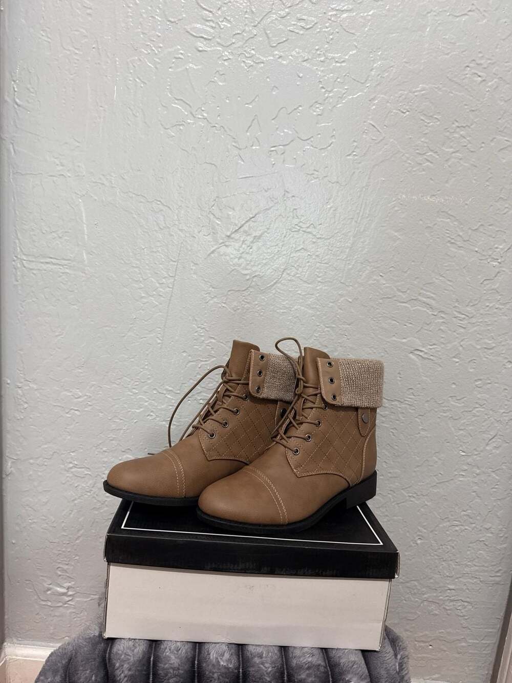 Qupid Women's Ankle Leather Boots Combat Shoes Quilted Taupe Brown